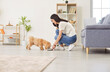 © Studio Romantic - Positive woman feeding dog from a bowl with pet food at home. The domestic pet happily eats, showcasing the bond between the owner and animal friend in a peaceful home environment.