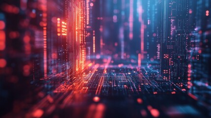 Wall Mural - abstract digital landscape: neon cityscape of binary code and data streams