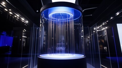 Wall Mural - illuminated cylindrical glass enclosure with internal light strings.