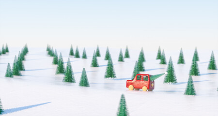 Poster - 3d Christmas background with red toy car on snow landscape. 3d rendering