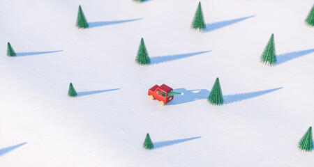 Poster - 3d Christmas background with red toy car on snow landscape. 3d rendering