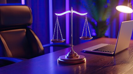 Wall Mural - Law constitution concept. A modern office scene featuring a balance scale, symbolizing justice, alongside a laptop, set against a backdrop of soft blue lighting.