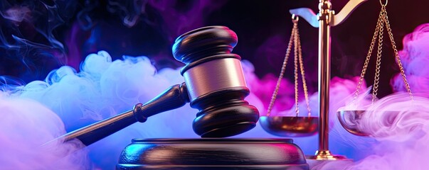 Wall Mural - Law constitution concept. A gavel rests on a platform amidst colorful smoke, symbolizing justice and the legal system, with balanced scales in the background.