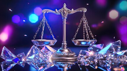 Wall Mural - A silver scale of justice stands on shattered glass, illuminated by colorful bokeh lights, symbolizing law and balance.