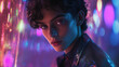 © Bodega - Portrait of woman. Abstract female face on a dark background with neon glow. Stylish curlycurly with short hair in a leather jacket. Punk girl in neon city lights. Close-up portrait of a young woman.