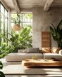 © ki su - minimalist living room with sustainable materials, natural wood accents, eco-friendly textiles, abundant natural light, lush green plants