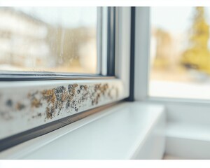 Close-up corner of the modern white window with mold
