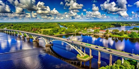 Wall Mural - Stunning Aerial View of the Historic Bridge in Palatka, Florida Captured by Drone, Showcasing the Scenic Landscape and River Below in a Beautiful Sunny Setting