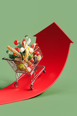 Food cost rising concept. Shopping cart full of groceries and red arrow pointing up 3D Rendering, 3D Illustration