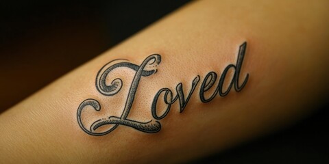 Wall Mural - Delicate script tattoo of the word loved displaying soft ink texture in artistic macro focus