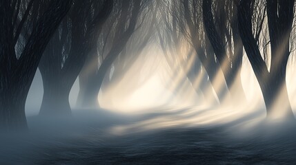 Wall Mural - a misty forest path with ethereal light filtering through dark trees.