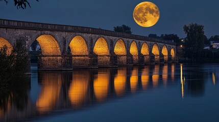 Wall Mural - a bright full moon lighting up an ancient stone bridge, its arches reflected perfectly in the river 