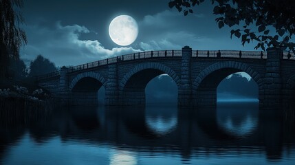 Wall Mural - a bright full moon lighting up an ancient stone bridge, its arches reflected perfectly in the river 
