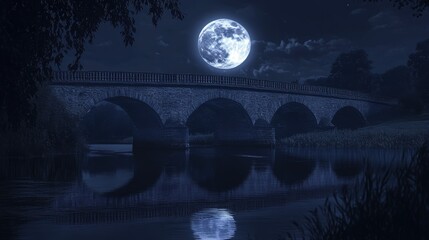 Wall Mural - a bright full moon lighting up an ancient stone bridge, its arches reflected perfectly in the river 
