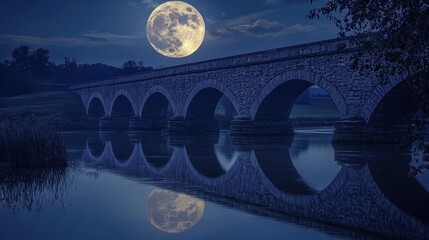 Wall Mural - a bright full moon lighting up an ancient stone bridge, its arches reflected perfectly in the river 