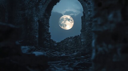 Wall Mural - a brilliant full moon peeking through the ruins of an old castle, evoking a sense of history and tim