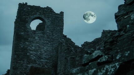Wall Mural - a brilliant full moon peeking through the ruins of an old castle, evoking a sense of history and tim