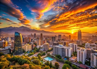 Wall Mural - Sunset Over the City of Santiago: A Stunning View of the Urban Skyline Bathed in the Golden Light of Dusk, Ideal for Travel and Landscape Photography Enthusiasts