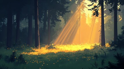 Wall Mural - a serene forest scene with golden sunlight filtering through trees, illuminating the ground.