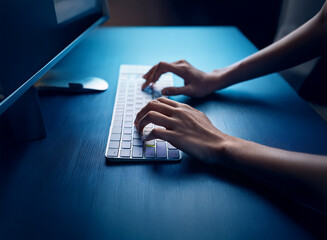 Aufkleber - Close-up of hands typing on a wireless keyboard at a dimly lit desk, in front of a computer monitor.  The scene evokes a feeling of late-night work or focused concentration.