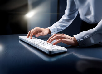 Aufkleber - Close-up of hands typing on a sleek, white keyboard.  The scene is dimly lit, focusing on the action of typing and the clean lines of the technology.