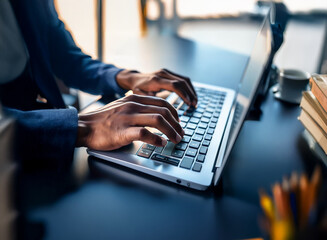Aufkleber - Close-up of hands typing on a silver laptop keyboard.  The setting appears to be a modern office workspace with blurred background details.  Sunlight streams in from a nearby window.