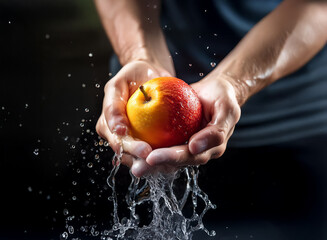 Poster - Close-up of hands gently washing a ripe, red and yellow apple under running water, water droplets splashing.  The background is dark.