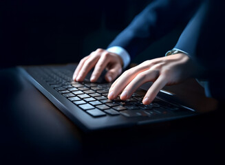 Aufkleber - Close-up of hands swiftly typing on a dark keyboard in low light.  The scene evokes a sense of urgency and late-night work.