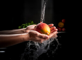 Poster - A ripe mango is gently rinsed under a stream of water, held cupped in hands.  Water splashes dramatically against a dark background.  The scene evokes freshness and cleanliness.