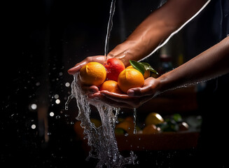 Poster - Dark background, hands cupping vibrant oranges and peaches under a flowing stream of water.  Water splashes dramatically, highlighting the fruit's juicy texture.  Cleanliness and freshness are emphasi
