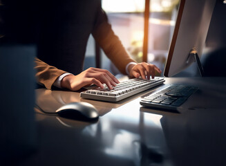 Aufkleber - Close-up of hands typing on a keyboard at a desk in a sunlit office.  The scene suggests productivity and modern work.