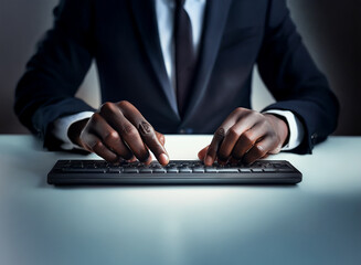 Aufkleber - Close-up of a person in a business suit, hands actively typing on a keyboard.  The scene is dimly lit, emphasizing the focused concentration on the task at hand.