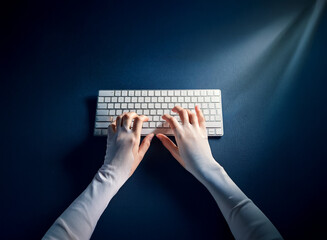 Aufkleber - A pair of hands in long white gloves types on a white keyboard illuminated by a single light source against a dark blue background.  The scene evokes a sense of mystery and digital work.