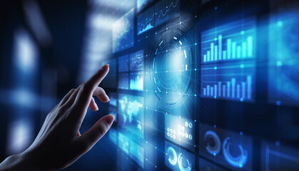 Wall Mural - virtual screen business intelligence dashboard, analytics and big data technology concept.
