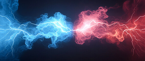 Canvas Print - Dynamic blue and red lightning bolts clash in smoky background, creating striking visual effect that evokes energy and intensity