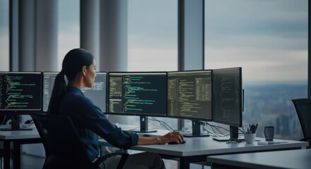 female asian young professional working with code on multiple monitors in modern office