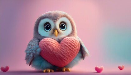A cute, little baby owl carrying a big heart as a symbol of love. Pastel, creative, animal concept. Valentine's Day spent with a pet, a small owl. Illustration copy text space