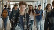 © 木子李 木子李 - A Group of Teenage Students Walking in the High School Hallway, Chatting, Laughing, with Backpacks on Their Shoulders, Full of Youthful Energy.