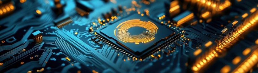 Poster - Close-Up of a Modern Microchip on a Circuit Board with Glowing Gold Elements Representing Technology and Innovation in Electronics and Computing