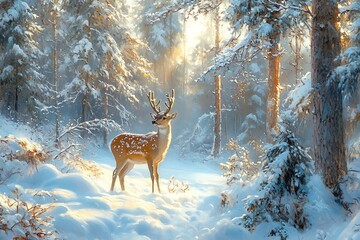 Wall Mural - a serene winter landscape featuring a deer amidst snowy trees and soft sunlight.