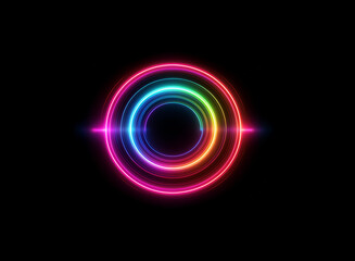 Wall Mural - Vibrant rainbow concentric circles glow with neon light against a stark black background.  A subtle lens flare adds to the radiant effect.