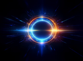 Wall Mural - a vibrant, concentric double ring of blue and orange light glows intensely against a dark background