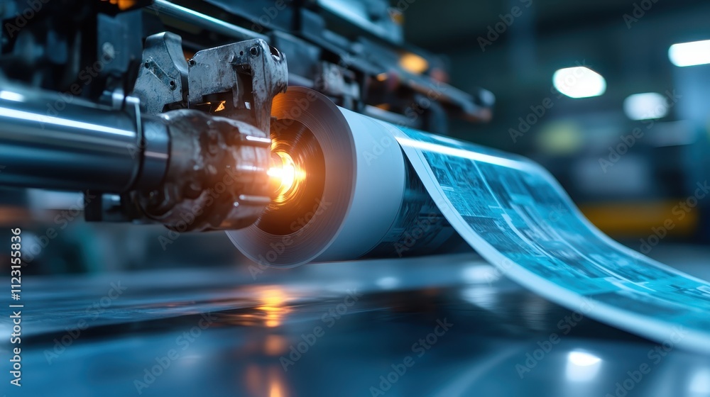 This image captures an industrial printing press in operation ...