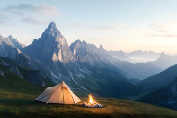 mountain with a camping tent and fire camp. travel concept