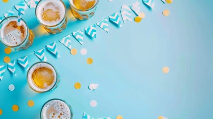 Wall Mural - A blue background with a row of glasses and a row of flags. The flags are blue and white, and they are arranged in a zigzag pattern. The glasses are filled with beer, and they are placed in a row