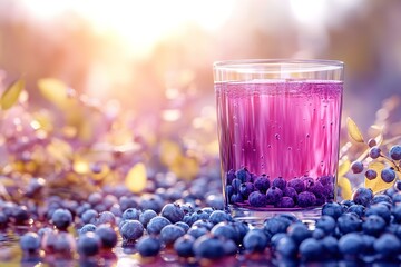 Wall Mural - A glass of purple liquid with blueberries floating in it