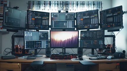 Fototapete - Eight monitors raised on arms to various heights and uneven angles above a table full of different keyboards.