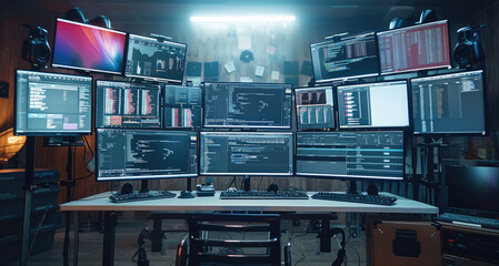 Fototapete - Eight monitors raised on arms to various heights and uneven angles above a table full of different keyboards.