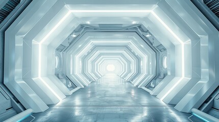 Aufkleber - 3D render of a futuristic white and grey space station interior.