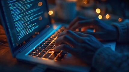 Night Coding Session: Hands Typing on Laptop with Glowing Keyboard